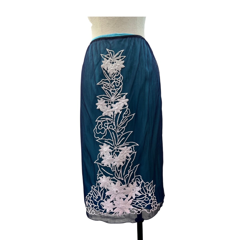 Randolph Duke Skirt Womens 16 Blue NEW Floral Mesh Overlay Midi Cocktail